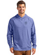 Emory Eagles Cutter & Buck Adapt Knit Recycled Mens Heathered Hooded Pullover Tour Blue Heather Front