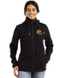 Green Bay Packers NFL Helmet Cutter & Buck Roam Epic Versatility Recycled Womens Full Zip Hooded Jacket Black Front