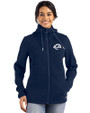 Los Angeles Rams Mono Cutter & Buck Roam Epic Versatility Recycled Womens Full Zip Hooded Jacket Navy Blue Front