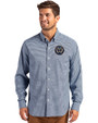 Philadelphia Union Cutter & Buck Skyline Epic Confidence Recycled Gingham Mens Long Sleeve Dress Shirt Pale Blue/Navy Blue Front