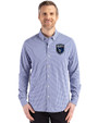 San Jose Earthquakes Cutter & Buck Skyline Epic Confidence Recycled Gingham Mens Long Sleeve Dress Shirt Tour Blue/White Front