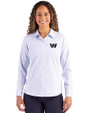 Washington Commanders Mono Cutter & Buck Skyline Epic Confidence Recycled Pinstripe Womens Long Sleeve Dress Shirt  Pale Blue/White Front