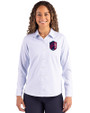 St. Louis City SC Cutter & Buck Skyline Epic Confidence Recycled Pinstripe Womens Long Sleeve Dress Shirt  Pale Blue/White Front