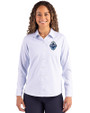 Vancouver Whitecaps FC Cutter & Buck Skyline Recycled Pinstripe Womens Long Sleeve Spread Collar Dress Shirt Pale Blue/White Front