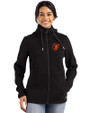 Baltimore Orioles Cooperstown Cutter & Buck Roam Epic Versatility Recycled Womens Full Zip Hooded Jacket Black Front