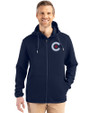 Chicago Cubs City Connect Cutter & Buck Roam Epic Versatility Recycled Mens Full Zip Hooded Jacket Navy Blue Front