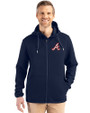 Atlanta Braves Cooperstown Cutter & Buck Roam Epic Versatility Recycled Mens Full Zip Hooded Jacket Navy Blue Front
