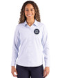 Seattle Mariners Mono Cutter & Buck Skyline Epic Confidence Recycled Pinstripe Womens Long Sleeve Dress Shirt  Pale Blue/White Front