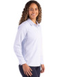 Atlanta Braves Cutter & Buck Skyline Epic Confidence Recycled Pinstripe Womens Long Sleeve Dress Shirt  Pale Blue/White Side