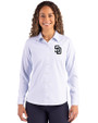 San Diego Padres Mono Cutter & Buck Skyline Epic Confidence Recycled Pinstripe Womens Long Sleeve Dress Shirt  Pale Blue/White Front