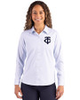 Minnesota Twins Mono Cutter & Buck Skyline Epic Confidence Recycled Pinstripe Womens Long Sleeve Dress Shirt  Pale Blue/White Front