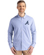 Atlanta Braves Cutter & Buck Skyline Epic Confidence Recycled Pinstripe Mens Long Sleeve Dress Shirt Tour Blue/White Front