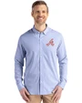 Atlanta Braves Cooperstown Cutter & Buck Skyline Epic Confidence Recycled Pinstripe Mens Long Sleeve Dress Shirt Tour Blue/White Front