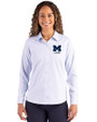 Michigan Wolverines Alumni Cutter & Buck Skyline Epic Confidence Recycled Pinstripe Womens Long Sleeve Dress Shirt  Pale Blue/White Front