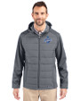 Los Angeles Dodgers 2025 World Series Champions Cutter & Buck Evoke Hybrid Eco Softshell Recycled Full Zip Mens Big & Tall Hooded Jacket Elemental Grey Front