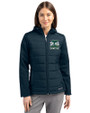 2026 Seattle FIFA World Cup Cutter & Buck Evoke Hybrid Softshell Recycled Full Zip Womens Hooded Jacket Navy Blue Front