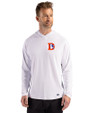 Denver Broncos Historic Cutter & Buck Prospect Recycled Featherlight Stretch Mens Hooded Pullover White Front