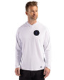NY Mets City Connect Cutter & Buck Prospect Recycled Featherlight Stretch Mens Hooded Pullover White Front