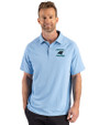 Carolina Panthers Historic Cutter & Buck Prospect Recycled Featherlight Stretch Mens Sport Polo Atlas Light Blue Front