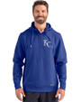 Kansas City Royals Cutter & Buck Roam Recycled Buttery-Soft Knit Mens Half Zip Hooded Pullover Tour Blue Front
