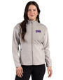 TCU Horned Frogs Cutter & Buck Hunts Point Recycled Fleece Womens Hybrid Full Zip Jacket Polished Medium Gray Front