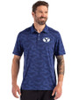 Brigham Young Cougars Cutter & Buck Coastline Recycled Double Peached Camo Print Mens Polo Tour Blue Front