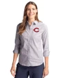 Cincinnati Reds Cutter & Buck Stretch Oxford Stripe Womens Long Sleeve Dress Shirt Charcoal Front