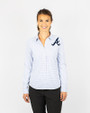 Atlanta Braves Cutter & Buck Versatech Tattersall Stretch Womens Long Sleeve Dress Shirt Atlas Light Blue Front