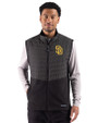 San Diego Padres Cutter & Buck Woodland Epic Versatility Recycled Insulated Hybrid Fleece Mens Full Zip Vest Black Front