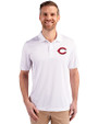 Cincinnati Reds Cutter & Buck Prospect Eco Textured Stretch Recycled Mens Short Sleeve Polo White Front