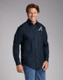 Atlanta Braves Cutter & Buck Epic Easy Care Fine Twill Mens Long Sleeve Dress Shirt Navy Blue Front