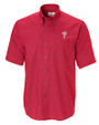 Philadelphia Phillies Cutter & Buck Epic Easy Care Nailshead Mens Short Sleeve Dress Shirt Cardinal Red Mannequin