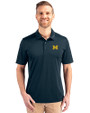 Michigan Wolverines Cutter & Buck Prospect Eco Textured Stretch Recycled Mens Short Sleeve Polo Navy Blue Front