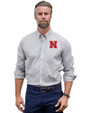 Nebraska Cornhuskers Cutter & Buck Stretch Oxford Stripe Mens Big and Tall Long Sleeve Dress Shirt Charcoal Front