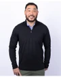 Front profile of a man wearing a Black Cutter & Buck Virtue Eco Pique Recycled Quarter Zip Mens Pullover BL PRO_HG 1