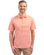 Front profile of a man wearing a College Orange Cutter & Buck Virtue Eco Pique Stripe Recycled Mens Polo