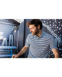 Man wearing a Navy Blue Cutter & Buck Virtue Eco Pique Stripe Recycled Mens Polo