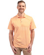 Front profile of a man wearing an Orange Burst Cutter & Buck Virtue Eco Pique Stripe Recycled Mens Polo