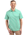 Front profile of a man wearing a Kelly Green Cutter & Buck Virtue Eco Pique Stripe Recycled Mens Polo