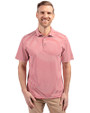 Front profile of a man wearing Cardinal Red Cutter & Buck Virtue Eco Pique Stripe Recycled Mens Polo