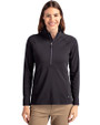 Front profile of a woman wearing a Black Cutter & Buck Adapt Eco Knit Stretch Recycled Womens Half Zip Pullover