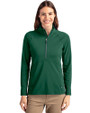 Front profile of a woman wearing a Hunter Cutter & Buck Adapt Eco Knit Stretch Recycled Womens Half Zip Pullover