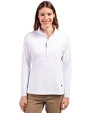 Front profile of a woman wearing a White Cutter & Buck Adapt Eco Knit Stretch Recycled Womens Half Zip Pullover