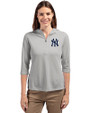 New York Yankees Cutter & Buck Virtue Recycled Featherlight Pique Womens Half Zip Hooded Pullover Polished Medium Gray Front