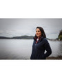 Model Wearing Cozy and Warm Cutter & Buck Cascade Eco Sherpa Womens Fleece Pullover Jacket in Navy Blue Color
