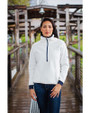 model wearing Cutter & Buck Cascade Eco Sherpa Womens Fleece Pullover Jacket in Shell/Navy Blue Colors