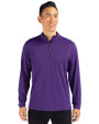 Front profile view of a man wearing a College Purple Cutter & Buck Virtue Eco Pique Recycled Quarter Zip Mens Big & Tall Pullover