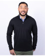 Front profile view of a man wearing a Black Cutter & Buck Virtue Eco Pique Recycled Quarter Zip Mens Big & Tall Pullover