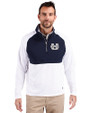 Utah State Aggies Cutter & Buck Adapt Eco Knit Hybrid Recycled Mens Quarter Zip White/Navy Blue Front