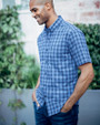 Cutter & Buck Mens Big & Tall Strive Shadow Plaid Short Sleeve Shirt Indigo Front 1